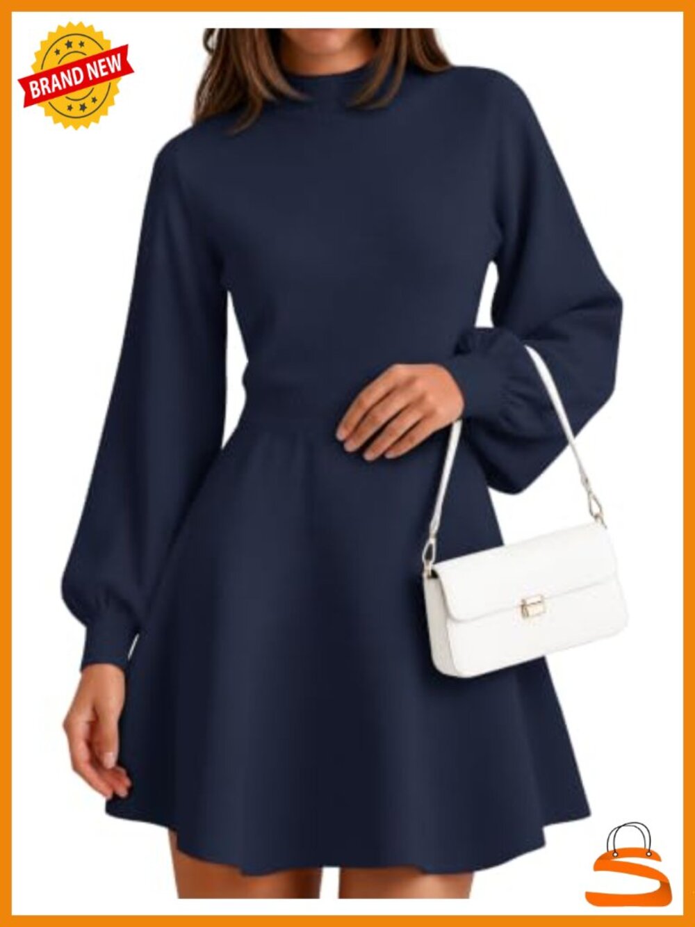 Womens Mock Neck A-Line Mini Sweater Dress Long Lantern Sleeve Knit Party